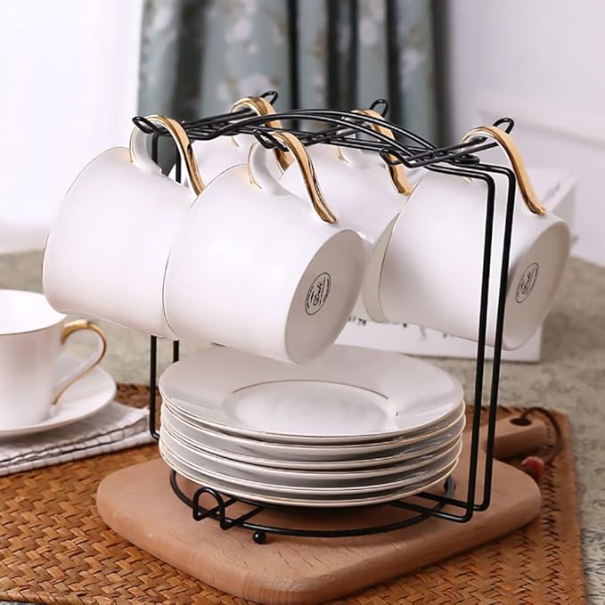 YY YEARCHY Coffee Mug Holder, Espresso Cups Holder Cup Drying Rack Cups Drainer Stand Metal Mug Tree Cups Organizer with 6 Hook Hangers for Kitchen Counter and Tea Party(7.48 * 8.27", Black)