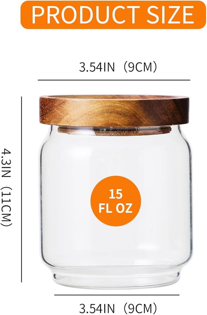 Glass Storage Containers Set of 4, 15 FL OZ High Borosilicate Glass Jars Kitchen Food Canisters with Acacia Wood Lids for Coffee Beans/Sugar/Tea/Nuts