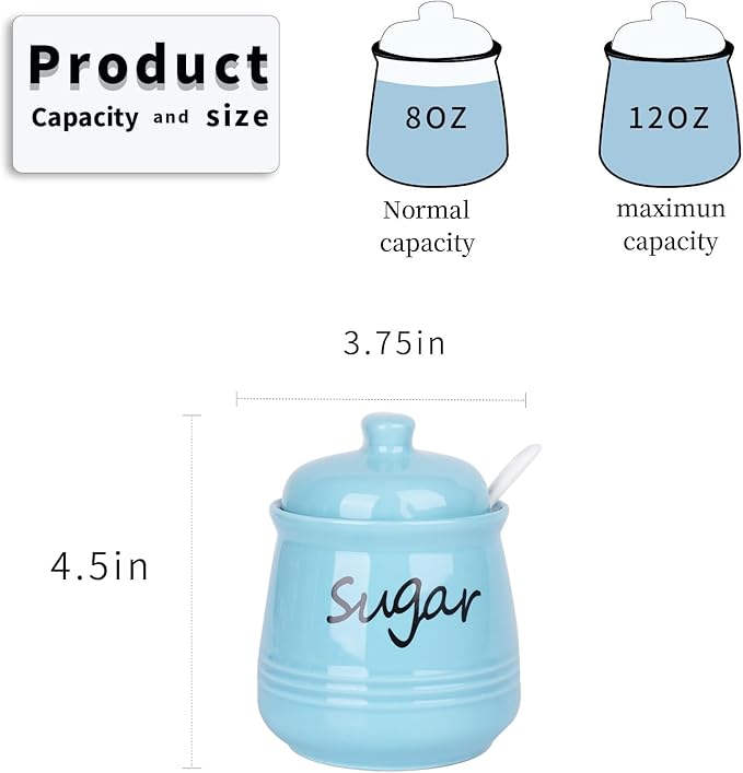 HAOTOP 12oz Sugar Bowl with Lid and Spoon,Ceramic Sugar Jar Sugar Dispenser Sugar Container Coffee Bar Accessories, Kitchen Countertop Canisters,Turquoise