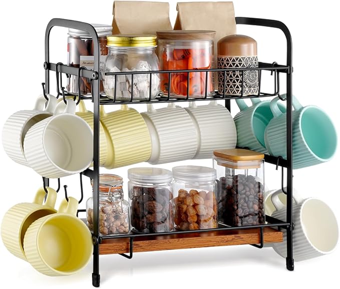VEVOR 2 Tier Coffee Bar Organizer for Countertop, Multifunctional Mug Holder and Coffee Station, 12 Movable Hooks and 2 Shelves for Coffee Accessories Storage and Display, Home Office (Matte Black)