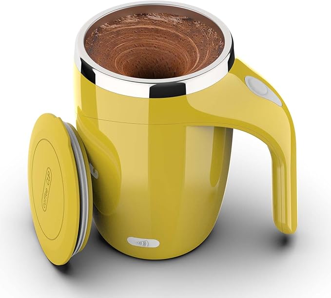 CYANLUX Self Stirring Mug, Automatic Magnetic Stirring, Stainless Steel Electric Mixing Cup with Lid, Milk, Tea (Yellow); Rechargeable