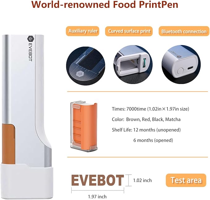 EVEBOT Handheld Food PrintPen Portable Mini Coffee Printer Latte Art Macaron Cookie DIY Design, Bluetooth 4.2-1PCS Black Color