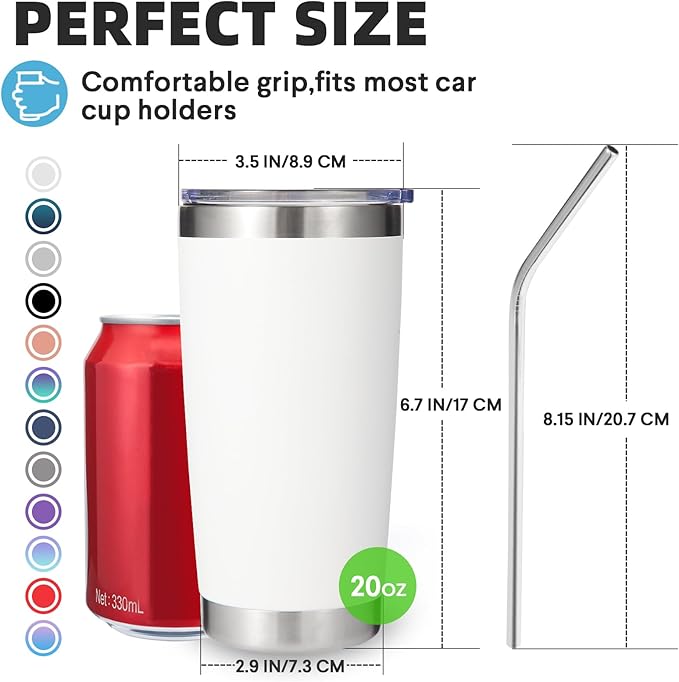 Volhoply 20oz Stainless Steel Tumbler with Lid and Straw Bulk 24 Pack,Double Wall Insulated Travel Iced Coffee Mug Fits Cup Holder,Powder Coated Cups for Hot/Cold Drinks,Christmas Gifts（White,24 Set）