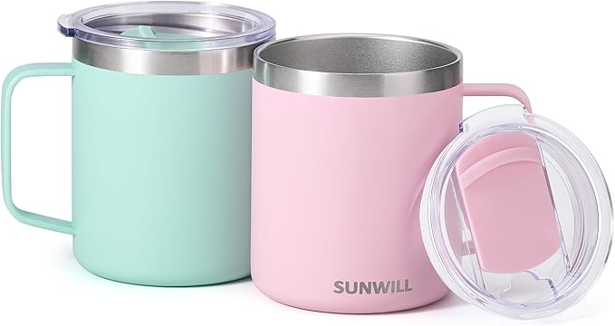 SUNWILL Travel Coffee Mug with Lid, Insulated Tumbler with Handle, 14 oz Stainless Steel Cup Set for Camping, Outdoor, Powder Coated Sakura & Mint 2 Pack