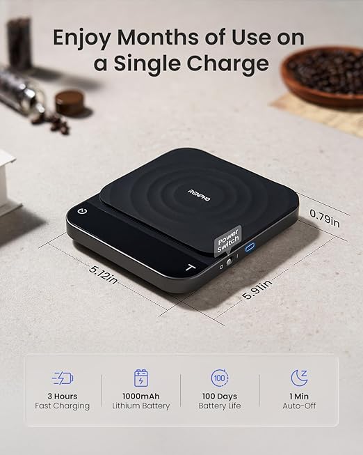 RENPHO Coffee Scale with Timer, Rechargeable Espresso Scale, 0.1g High Precision Pour-Over Coffee Scale, 3kg