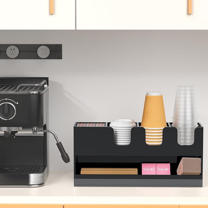 Coffee Condiment and Cup Organizer - 2-Tier Upright Cup and Lid Holder with Straw Organizer 5 Compartments Black Acrylic Cup Dispenser for Restaurant Breakroom Coffee Station Countertop