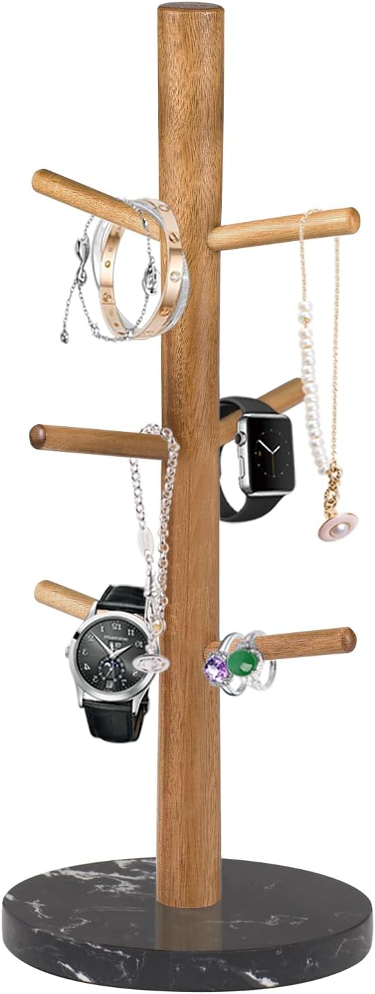 Buruis Mug Holder, Acacia Wood & Marble Base, 6 Hooks Kitchen Countertop Coffee Tea Cups Organizer