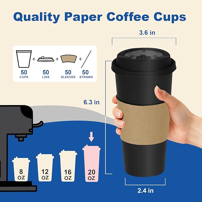 20 oz 50 Pack Coffee Cups with Lids and Sleeves, Straws, Hot Disposable To Go Travel Paper Cups Bulk for Office, Home Coffee Bar Accessories, Chocolate, Cocoa, Beverage (Black)