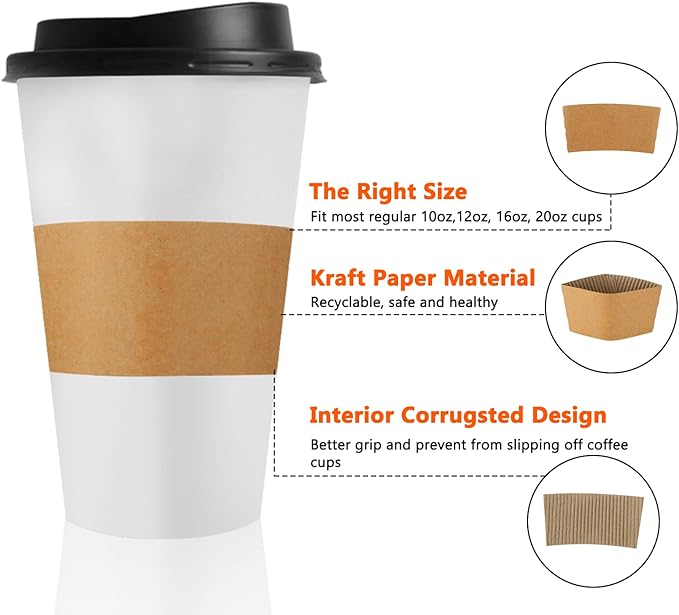 300 Packs Coffee Sleeves, Kraft Paper Cup Sleeve Disposable Coffee Cup Sleeves for Hot and Cold Drinks, Coffee Holder Sleeves for 10oz, 12oz, 16oz, 20oz Paper Coffee Cups (Cup Not Included)