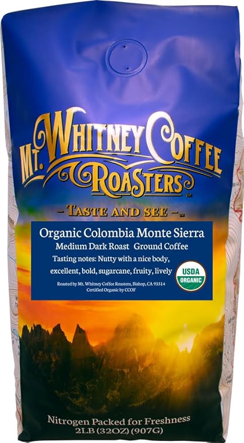Mt. Whitney Colombia Monte Sierra Organic, Single Origin, Medium Dark Roast, Smooth Full Flavored, Low Acid Coffee (Ground, 2 Lb)