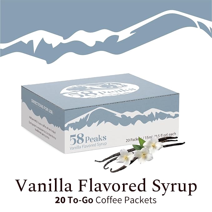 58Peaks Vanilla Flavored Syrup Sweetener Packets for Hot and Cold Drinks | To-Go Syrup Flavoring Perfect for Coffee, Tea, Milkshake and More | Flavored Coffee Syrups for Travel | 15mL | 20-Pack