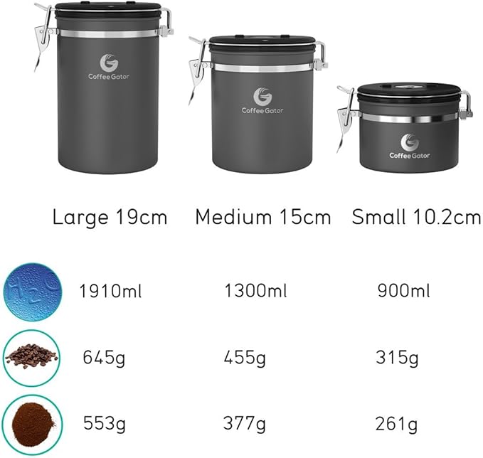 Coffee Gator Coffee Canister, 11oz Airtight Stainless Steel Kitchen Food Storage Container with Date-Tracker, CO2-Release Valve and Scoop for Beans, Grounds, Sugar, Cookies Jars, Tea, Cereal - Gray