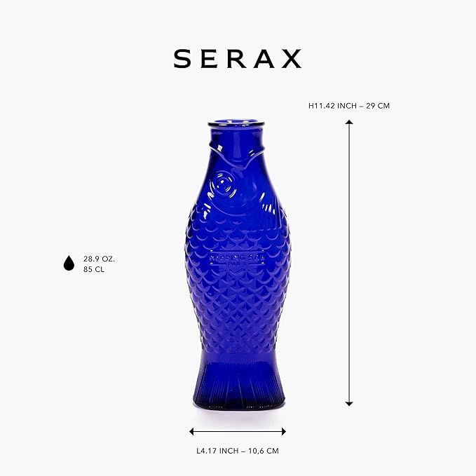 Serax Glass Water Pitcher | Fish & Fish glassware by Paola Navone | Wine Carafe Decanter 28.74 fl oz | Clear Dark Blue Bottle Container, hot & cold Drinks | Fridge Beverage Dispenser, Suitable as Vase
