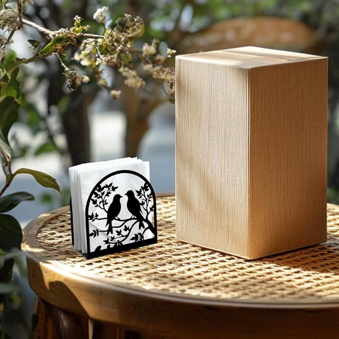 Birds on Branch Decorative Black Metal Napkin Holder for Table, 4.9" x 4.9" x 1.9" Standing Napkin Holder for Home Kitchen Restaurant Picnic Party Coffee Bar Dining Room