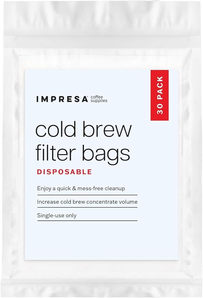 IMPRESA Cold Brew Filter Bags - Disposable Bags for Iced & Batch Coffee - Rip-Resistant Paper Coffee Filters - Compatible with Toddy Cold Brew Maker - 11.25" x 13", White, Pack of 30