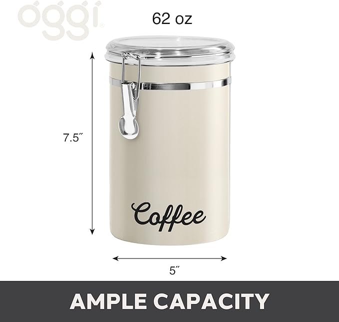 Oggi Stainless Steel Coffee Canister 62 fl oz - Airtight Clamp Lid, Warm Gray, Tinted See-Thru Top - Ideal for Coffee Bean Storage, Ground Coffee Storage, Kitchen Storage, Pantry Storage. 5 x 7.5