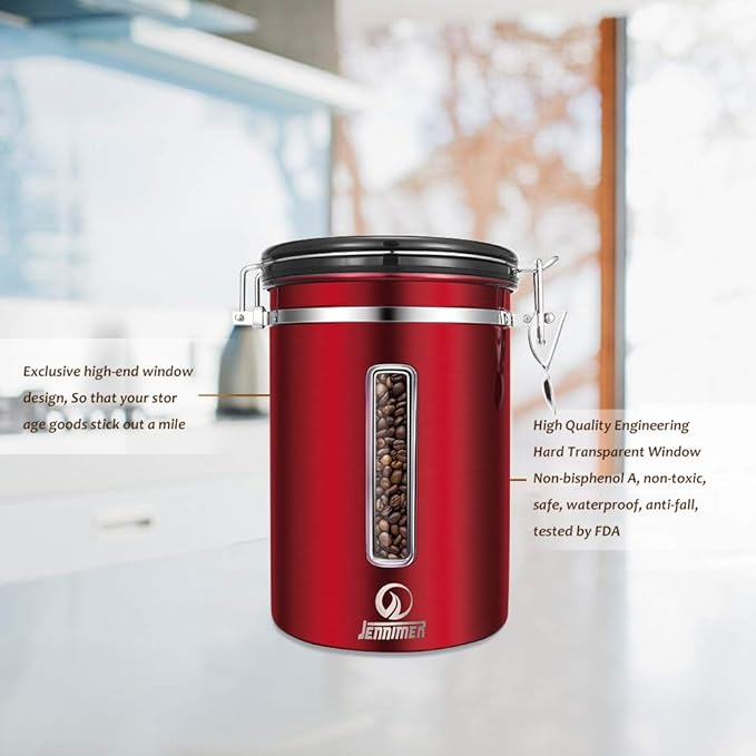 Coffee Canister - Large, Stainless Steel Airtight Coffee Containers with Transparent Window,Date Tracker, CO2-Release Valve and Measuring Scoop for Freshness of Storage Coffee (Red)
