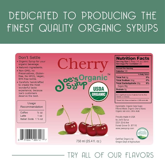 Joe’s Syrup Organic Flavored Syrup, Organic Cherry, 750 ml