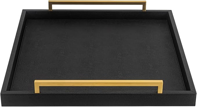 Extra Black Large Serving Tray with Handles for Ottoman,Versatile Shagreen Leather Square Ottoman Tray for Living Room
