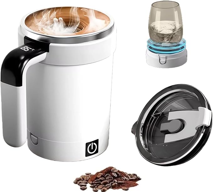 travel coffee mug Equipped with temperature display coffee warmer for desk self stirring coffee mug Rechargeable stainless steel material (white)