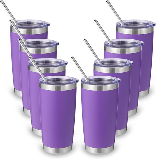 Volhoply 20oz Stainless Steel Tumbler with Lid and Straw Bulk 8 Pack,Double Wall Insulated Travel Iced Coffee Mug Fits Cup holder,Powder Coated Cups for Hot/Cold Drinks,Gifts for Women（Purple,8 Set）