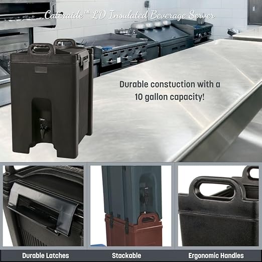 Carlisle FoodService Products Cateraide Insulated Beverage Dispenser with Handles for Catering, Kitchen, and Restaurants, Plastic, 10 Gallons, Black