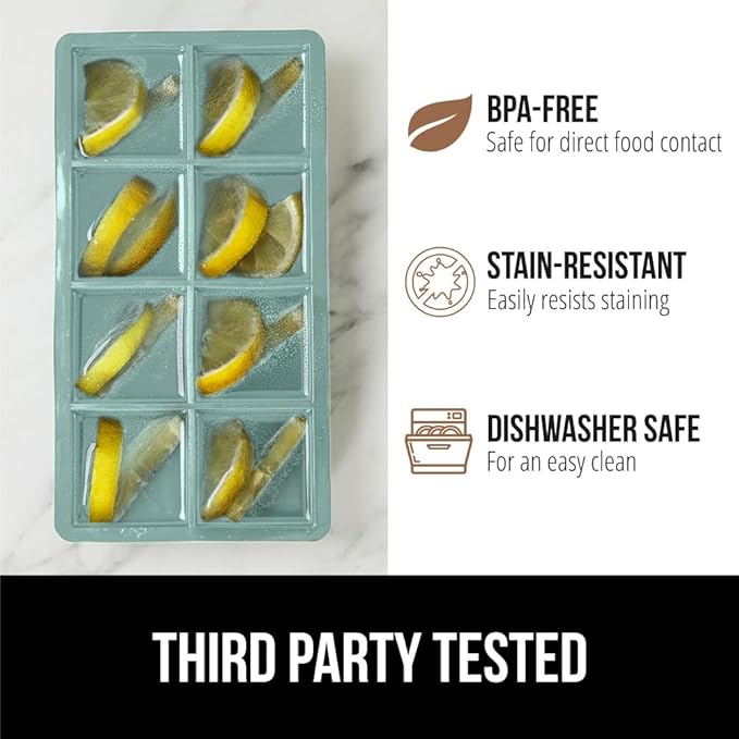GORILLA GRIP Slow Melting Large Silicone Ice Cube Tray for Freezer, 2 Pack, Easy to Push 8 Giant Square Cubes, Use for Cocktails, Iced Coffee, Water Bottle, Frozen Puree, Kitchen Bar Essentials, Mint