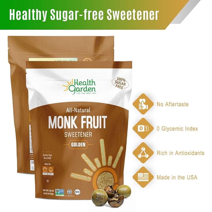 Health Garden Monk Fruit Sweetener, Golden- Non GMO - Gluten Free - 1:1 Sugar Substitute - Kosher - Keto Friendly (2.5 lbs)