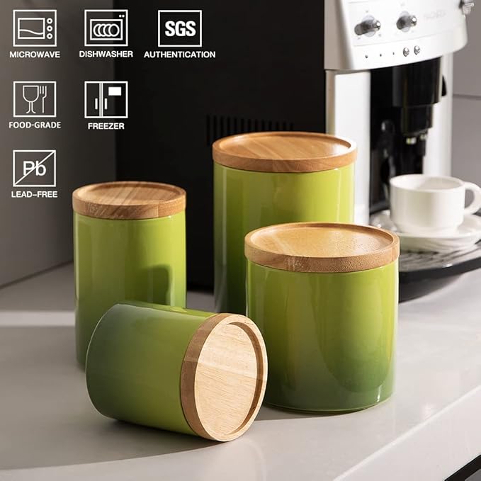Sweejar Ceramic Food Storage Jar, Stackable Kitchen Canisters, Containers with Airtight Seal Wooden Lid for Serving Ground Coffee, Tea, Sugar, Salt and More - 28 Fl Oz (Gradient Green)