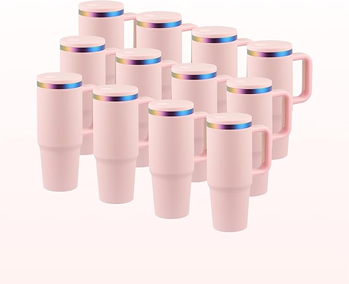 OMTech 40 oz. Tumblers with Handle & Lid, 12 Pack Tumbler Bulk with Double Wall Vacuum Insulation, Food-Grade Stainless Steel Insulated Coffee Mug, Sweatproof Travel Mug for Hot Cold Drinks, Pink