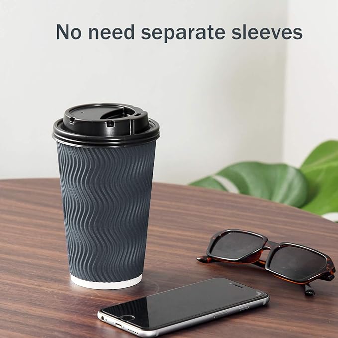 Disposable Coffee Cups with Lids and Straws - 16 oz (90 Set) Togo Hot Paper Coffee Cup with Lid To Go for Beverages Espresso Tea Insulated Reusable Cold Drinks Ripple Cups Protect Fingers From Heat