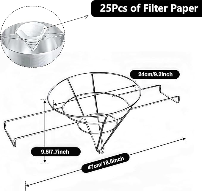10" Oil Fryer Filters & Oil Strainer Stand | Maple Syrup Filter Holder with 25 Pcs Filter Paper - Commercial Cone Filter for Kitchens, Restaurants, Food Trucks