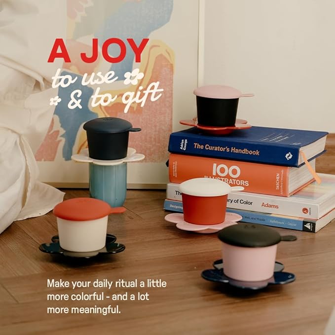 – Vietnamese Coffee Dripper – MIX COLORS – Pour Over Coffee Maker with Flower Design – Reusable Coffee Filter for Sustainable Brewing (Ivory + Red)