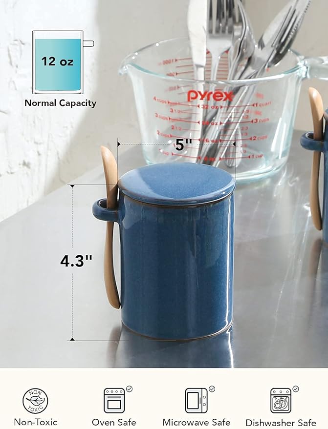 LE TAUCI Sugar Bowl with Lid and Spoon, Ceramic Salt Container, Small Sugar Jar for Kitchen, Coffee bar, Countertop - 12 oz, Set of 2, Ceylon Blue