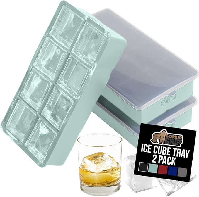 GORILLA GRIP Slow Melting Large Silicone Ice Cube Tray for Freezer, 2 Pack, Easy to Push 8 Giant Square Cubes, Use for Cocktails, Iced Coffee, Water Bottle, Frozen Puree, Kitchen Bar Essentials, Mint