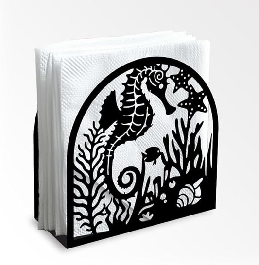 Seahorse and Coral Decorative Black Metal Napkin Holder for Table, 4.9" x 4.9" x 1.9" Ocean Standing Napkin Holder for Home Kitchen Restaurant Picnic Party Coffee Bar Dining Room