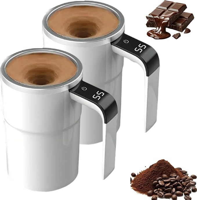Electric Coffee Mug With a Built-In Lcd Thermometer, 380ML/13OZ Prevent Overflow Self-Stirring Magnetic Coffee Cup, Perfect for Brewing Coffee, Milk, Cocoa, Etc. (White*2)