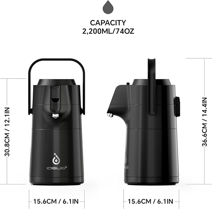 IDEUS Thermal Coffee Carafe 74oz (2,200ml), Stainless Steel Double Wall Insulated Vacuum Flask, Water Jug Coffee Server and Beverage Dispenser, Heat and Cold Retention (Black, 74oz (2,200ml))