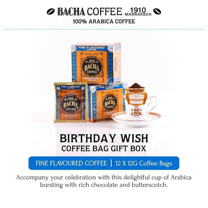 Bacha Coffee | Birthday Wish Fine Flavoured, 100% Arabica Specialty Coffee Beans, Medium Roast, x12 Individually Wrapped Single Serve Filter Bags