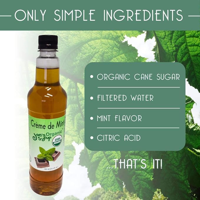 Joe’s Syrup Organic Flavored Syrup, Organic Crème de Mint, 750 ml (3 Pack)