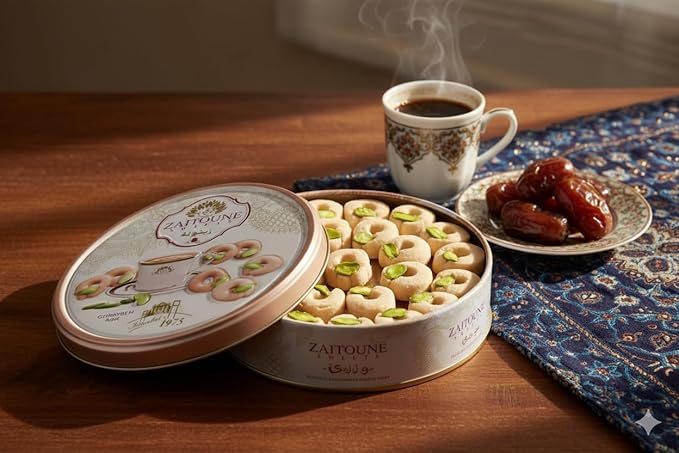 Zaitoune Ghraybeh Cookies - 9 oz | Traditional Middle Eastern Pistachio Shortbreads Handcrafted in Turkey | Beautiful Reusable Gift Tin | Perfect for Dessert | Great Sharing Present