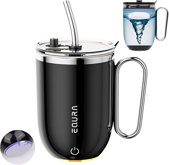 Self Stirring Mug - 4-Color Temp Display Magnetic Electric Auto Mixing Stainless Steel Cup with Straw & Lid For Office/Kitchen/Home/Coffee/Milk- 14.2oz/420ml(Black)