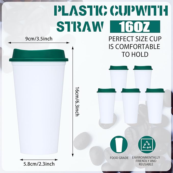 Domensi 15 Pack Reusable Coffee Cups with Lids 16 oz Disposable Travel Cups Bulk Plastic to Go Coffee Tumblers for DIY Hot Cold Drink Party Favors Coworker, Microwaveable (White with Green Lid)