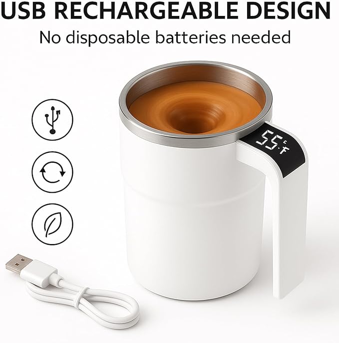 Electric Coffee Mug with a Built-in LCD Thermometer, Rechargeable Automatic Magnetic Self Stirring Coffee Mug, for Brewing Coffee, Milk, Cocoa, Portable Travel Mug for Office Home, 380ml (Black)