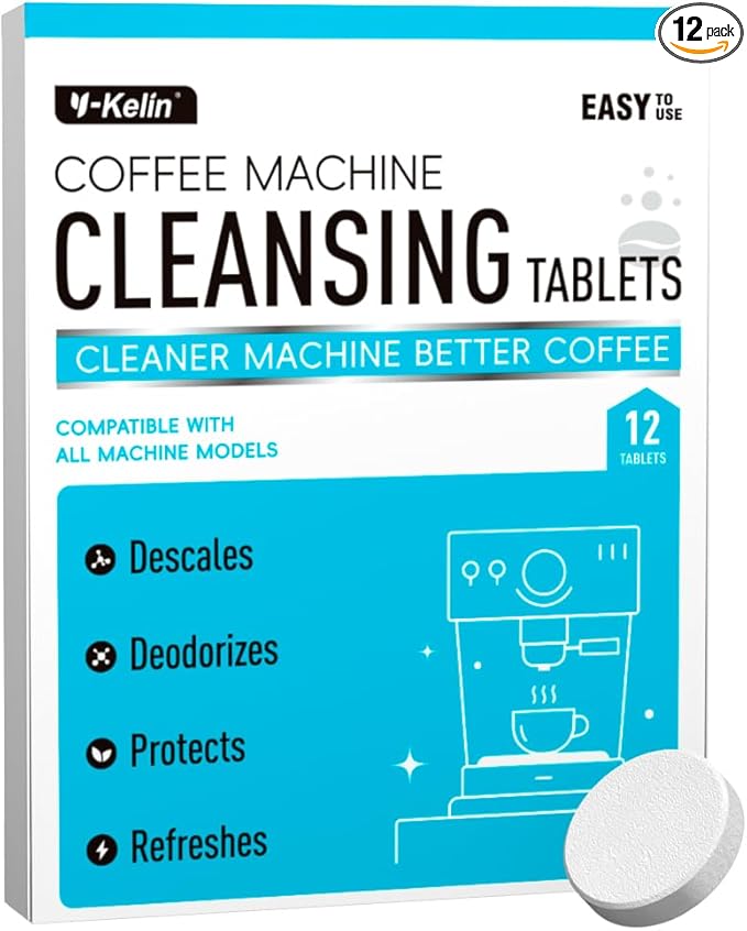 Y-Kelin Coffee Maker Cleaner And Descaler Tablets - 12Count Descaling & Cleaning Solution for Coffee Makers, Pot, Espresso Machines Removes Stains & Oils