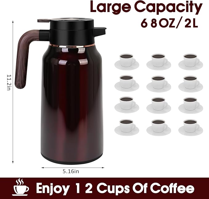68oz Thermal Coffee Carafe, Stainless Steel Carafes for Hot Liquids 24 Hours, Insulated Coffee Carafes For Keeping Hot Coffee, Hot Water, Tea, Hot Beverage (Red)