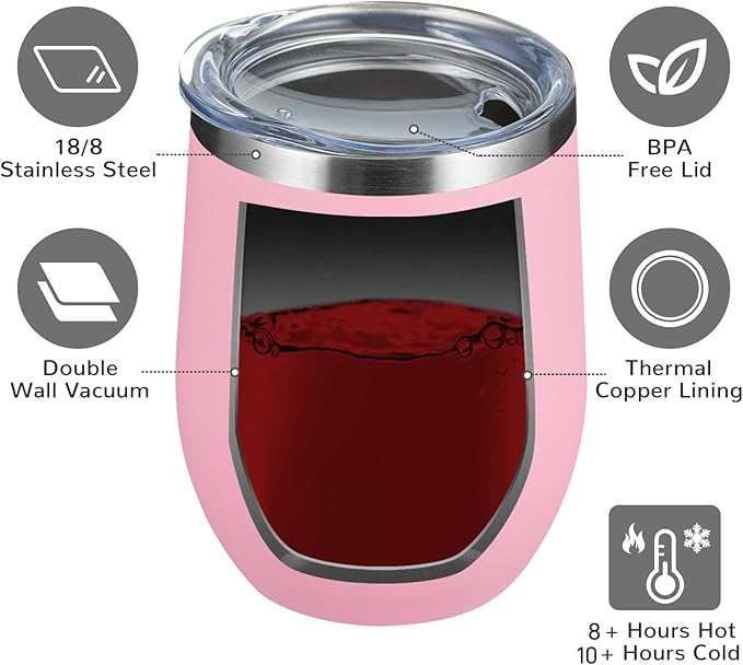 MEWAY 12oz/12 Pack Wine Tumbler Glasses with Lid -Double Wall Vacuum Stainless Steel Travel Tumbler Mug,Stemless Insulated Wine Cup for,Coffee,Cocktails,Gifts (Pink,Set of 12)