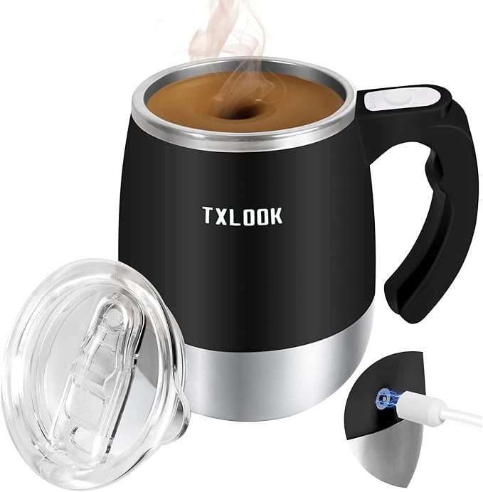 Self Stirring Mug, Rechargeable Automatic Magnetic Stirring Coffee Mug with Transparent Lid, Waterproof Stainless Steel Electric Mixing Cup, Can Stir Milk/Coffee/Cocoa Powder, Suitable for Office/Home