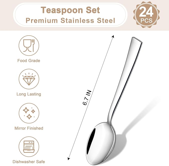 TeamFar Teaspoon Set of 24, 6.7 Inch Stainless Steel Mini Tea Spoons, Small Spoon Silverware for Coffee Tea Soup Dessert, Non-Toxic & Heavy Duty, Mirror Polished & Dishwasher Safe