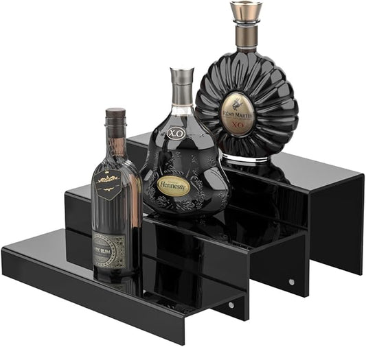 3 Tiers Bar Shelves for Liquor Bottles, 15" Black Acrylic Risers Display Racks Stands for Figures Pops Cupcake Perfume Collections (Patent: D1076520S)